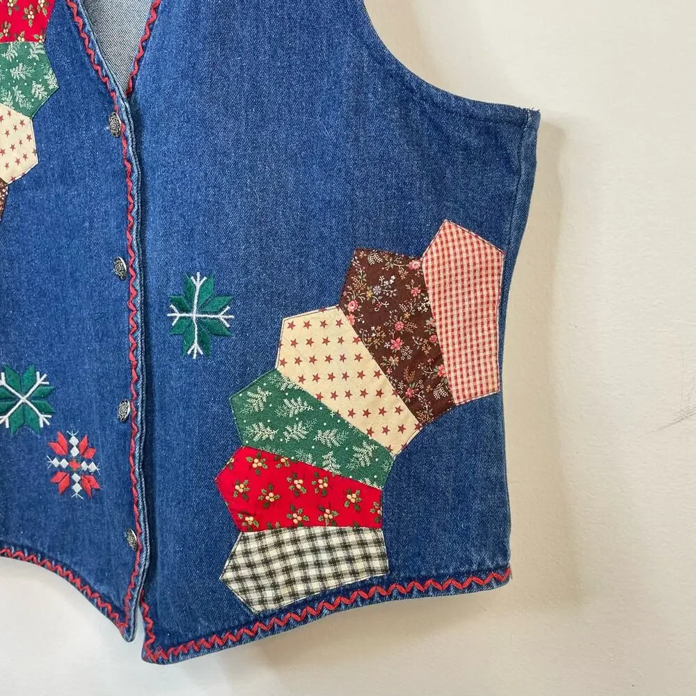 Susan Bristol Vintage Patchwork Embroidered Denim Boho Western Country Vest M - Picture 3 of 12
